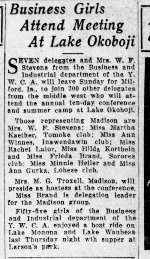 Helda Kortbein delegate from YWCA Wisconsin State Journal (Madison, Wisconsin), Sun, 14 Jul 1929, 10